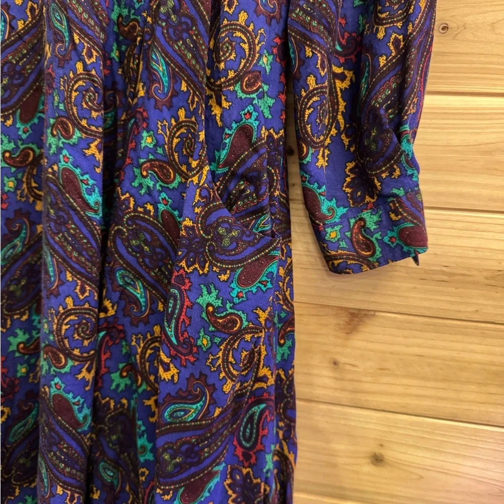 Vintage 80’s Raoul Large Retro Bold Colorful Paisley Collared Midi Dress Western - Picture 7 of 13